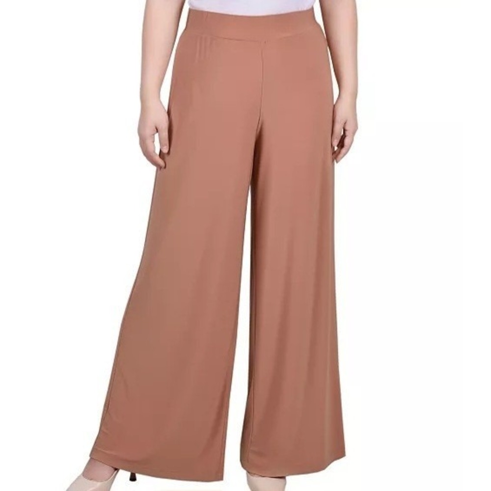 NY Collection Mid Rise Wide Leg Palazzo Pants Pull On Stretch Camel Womens PS